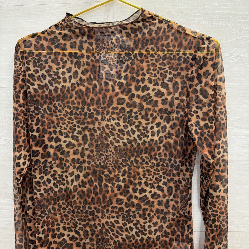 ee some Brown Sheer Leopard Print Long Sleeve Mock Neck Top Large