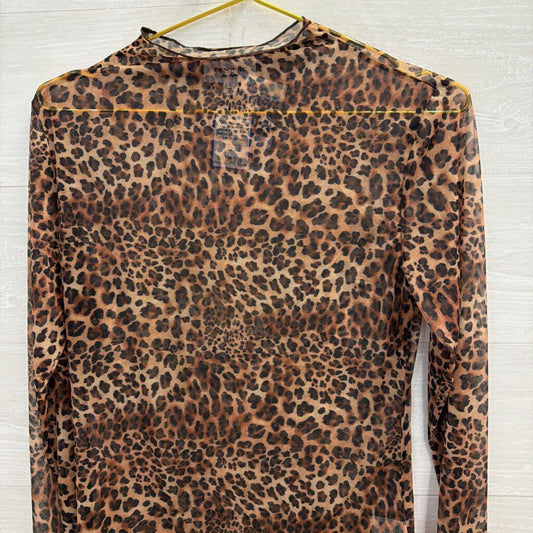 ee some Brown Sheer Leopard Print Long Sleeve Mock Neck Top Large