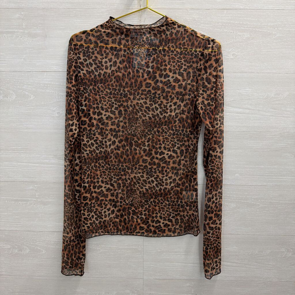 ee some Brown Sheer Leopard Print Long Sleeve Mock Neck Top Large