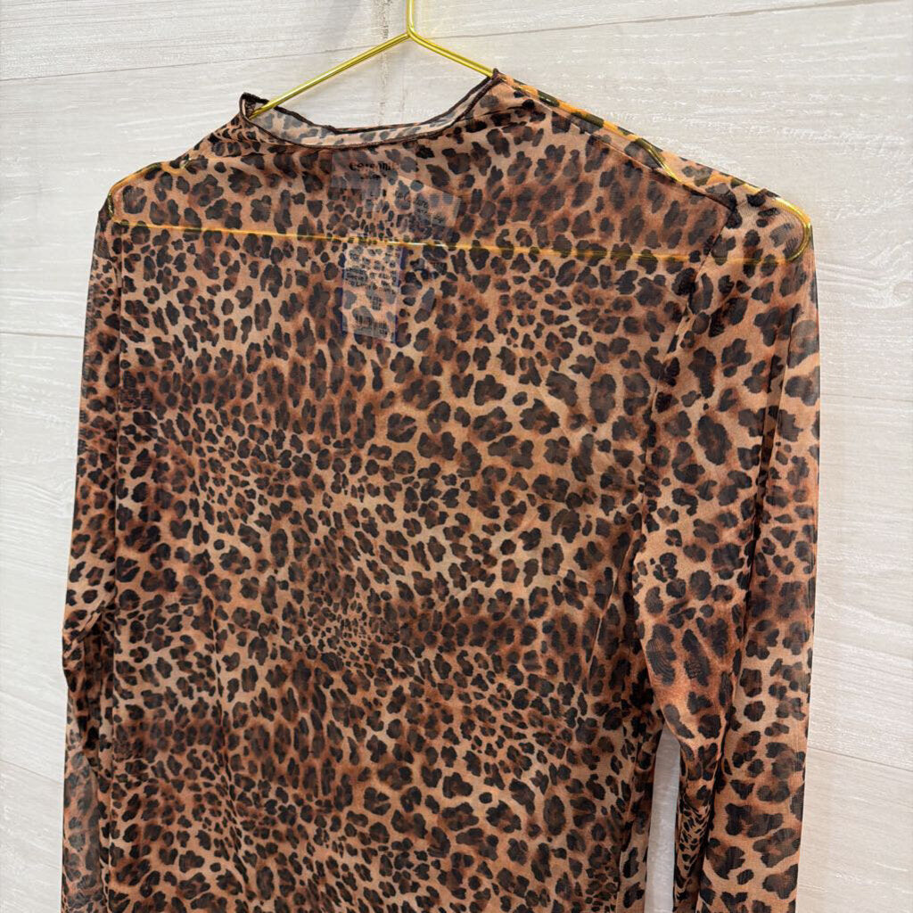 ee some Brown Sheer Leopard Print Long Sleeve Mock Neck Top Large