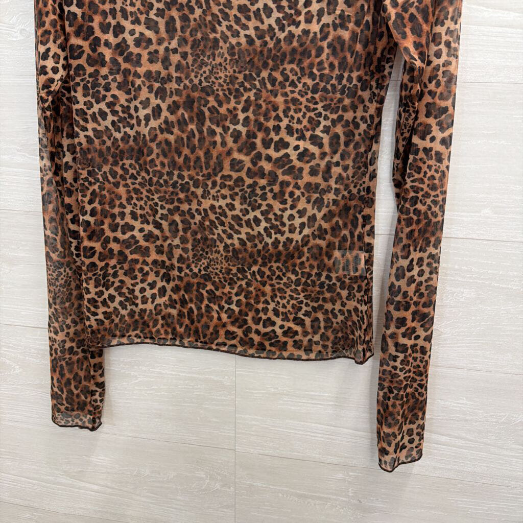 ee some Brown Sheer Leopard Print Long Sleeve Mock Neck Top Large