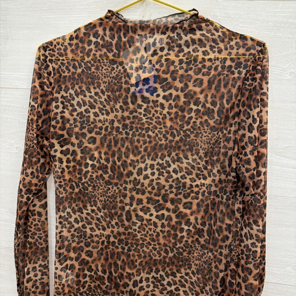 ee some Brown Sheer Leopard Print Long Sleeve Mock Neck Top Large