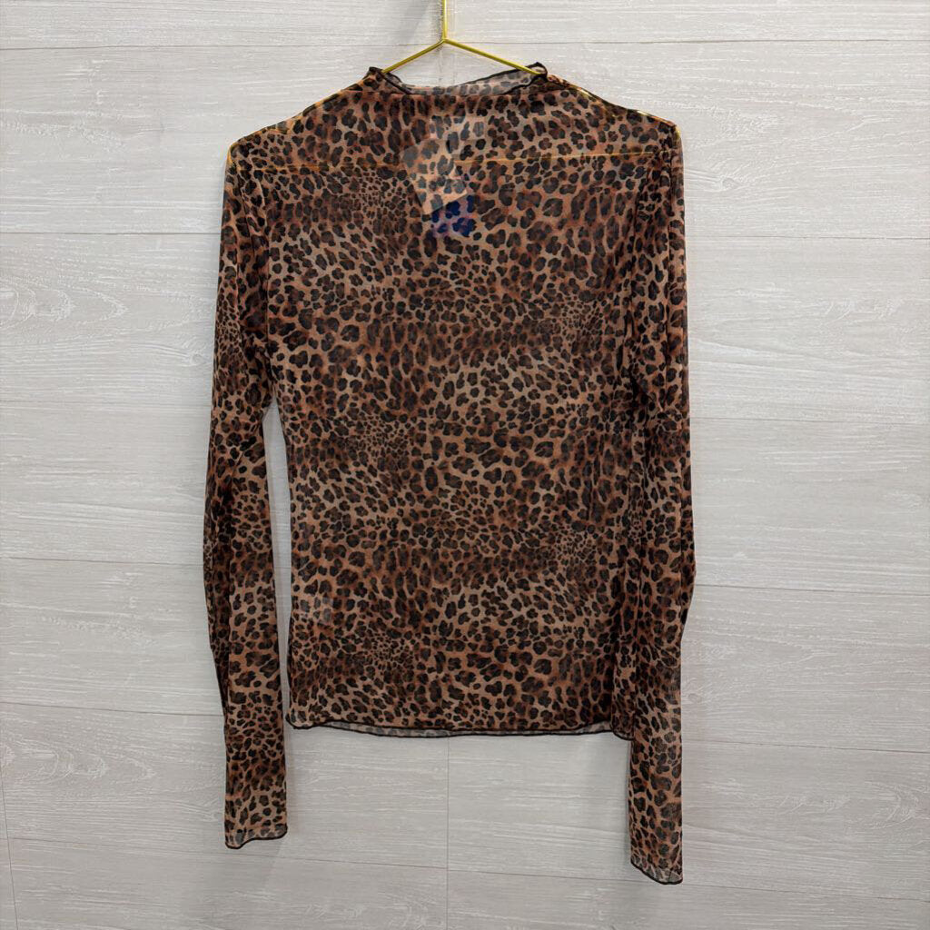 ee some Brown Sheer Leopard Print Long Sleeve Mock Neck Top Large