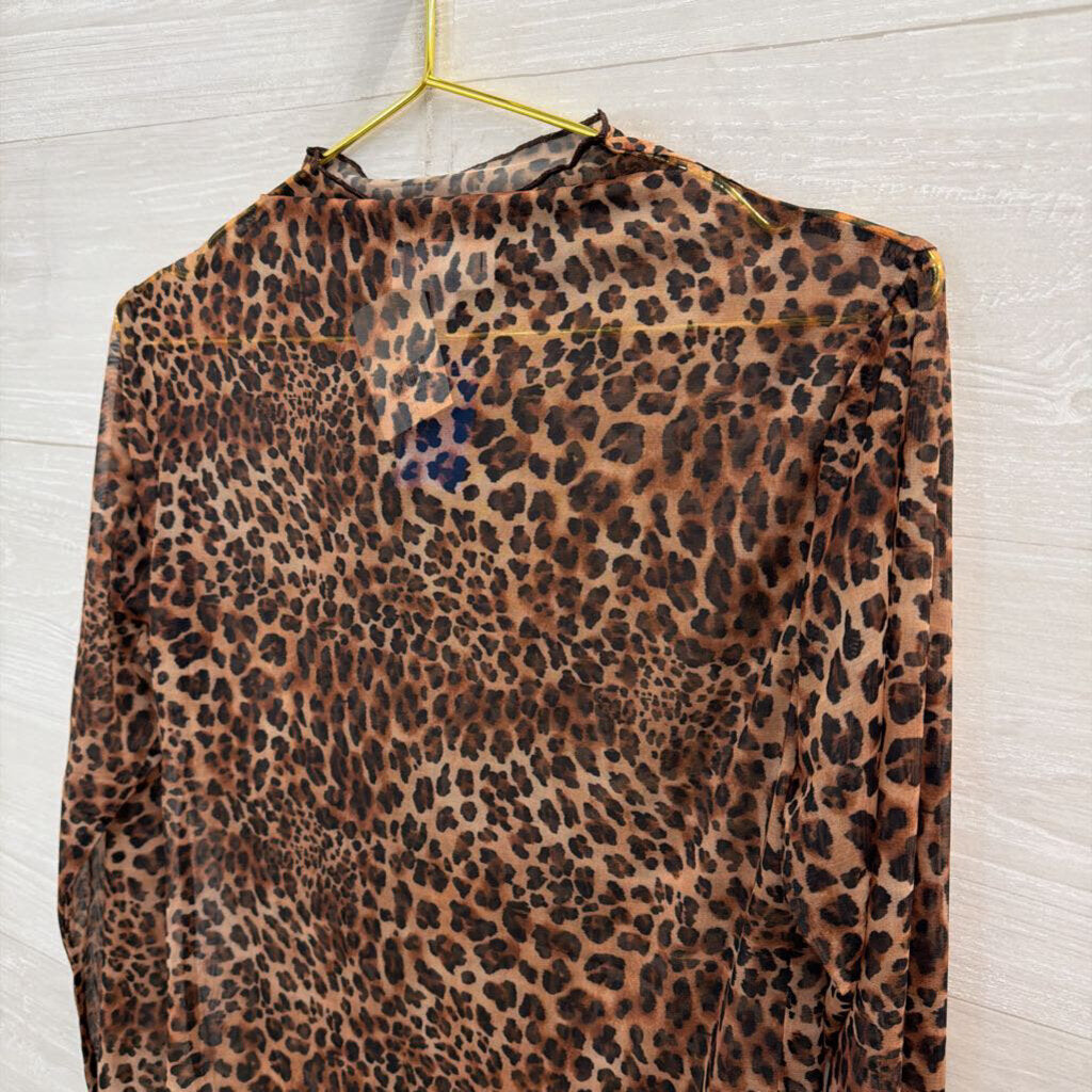 ee some Brown Sheer Leopard Print Long Sleeve Mock Neck Top Large