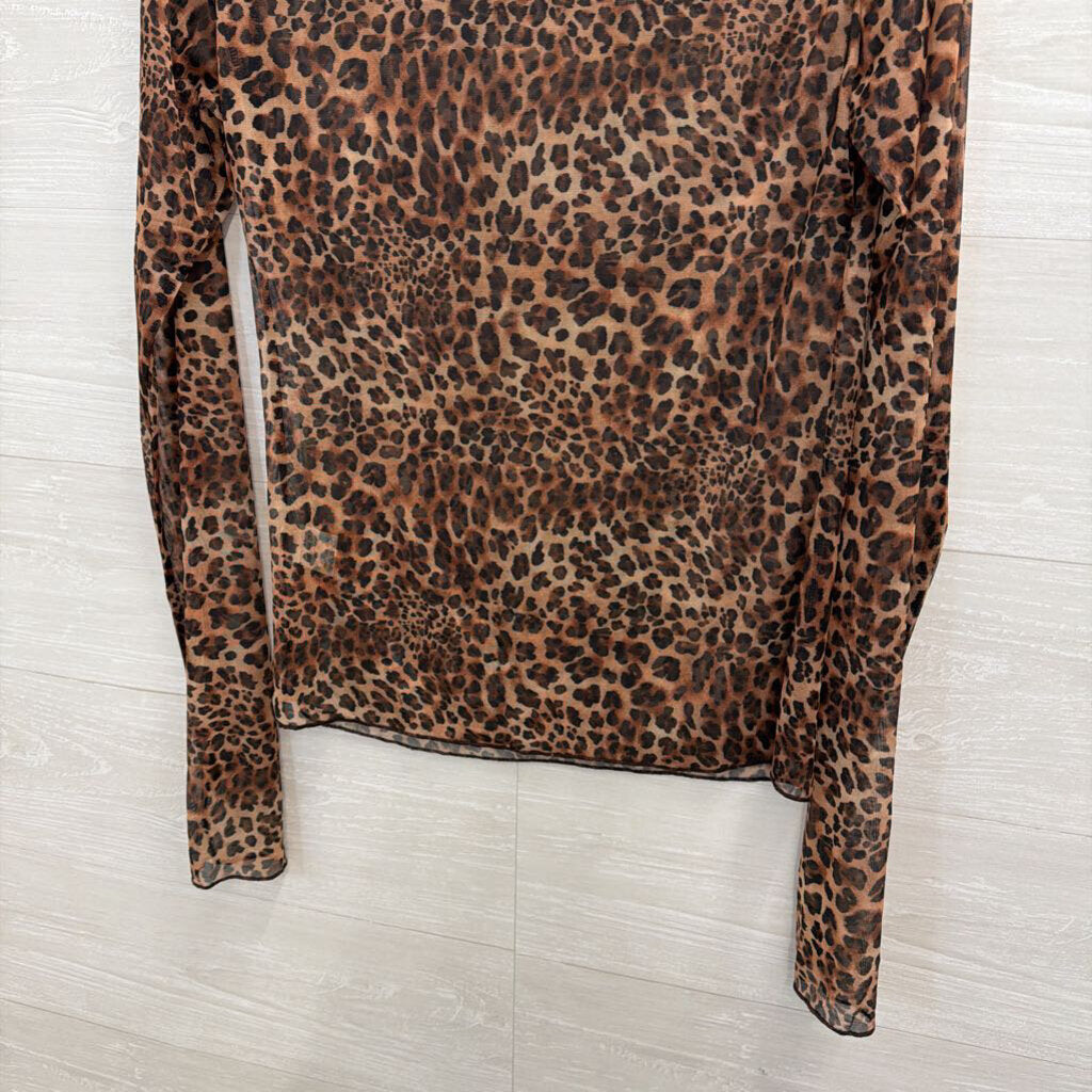 ee some Brown Sheer Leopard Print Long Sleeve Mock Neck Top Large