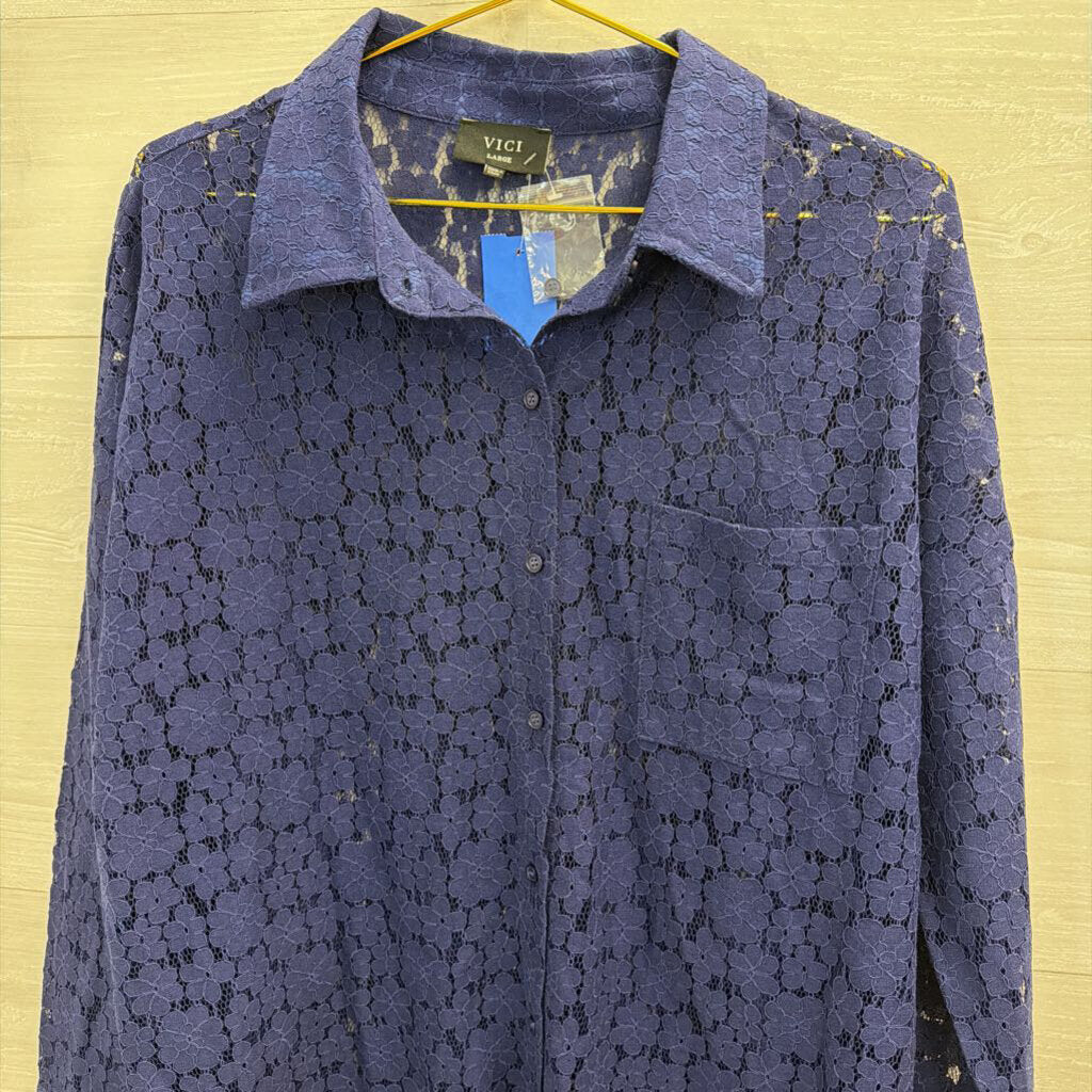 Vici Blue Lace Long Sleeve Button Down Top Large