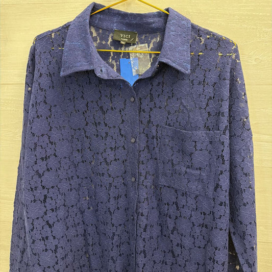 Vici Blue Lace Long Sleeve Button Down Top Large