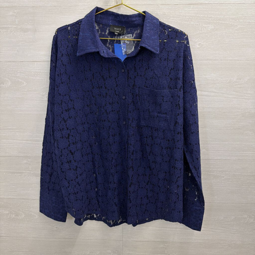 Vici Blue Lace Long Sleeve Button Down Top Large