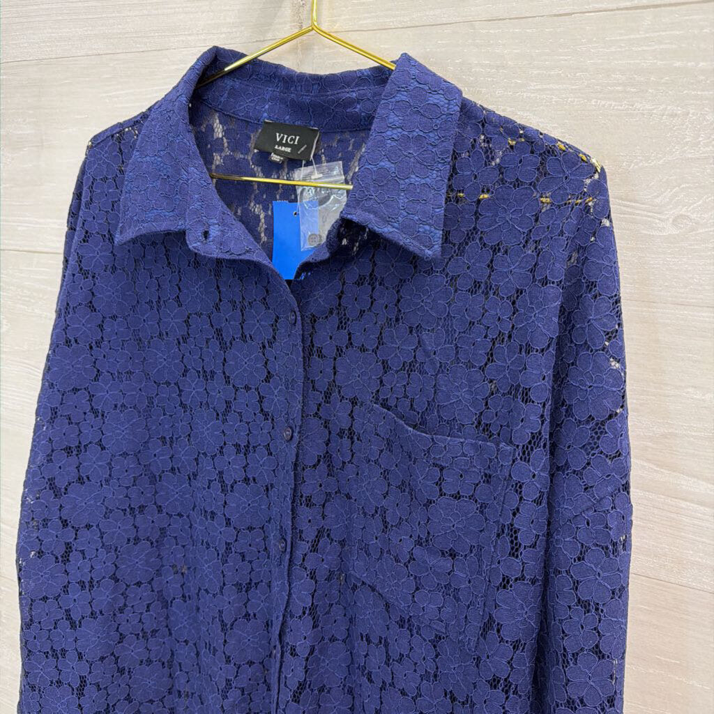Vici Blue Lace Long Sleeve Button Down Top Large