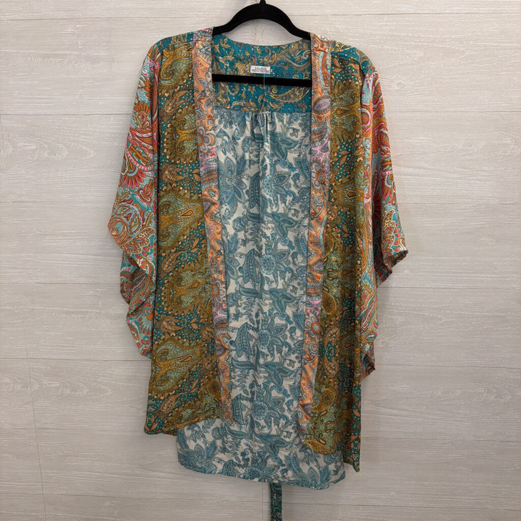 Bamboo Trading Compant Blue/ Multi Print Silky Kimono Top One Size