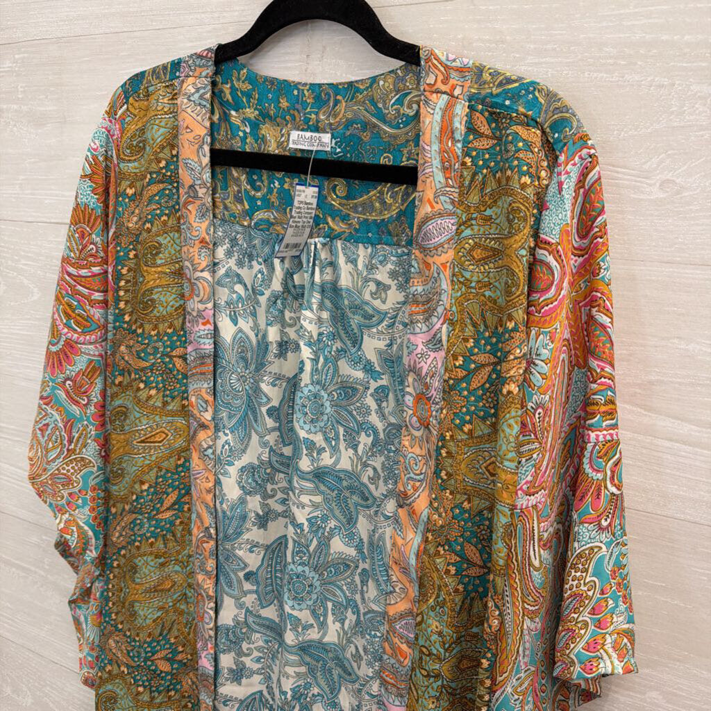 Bamboo Trading Compant Blue/ Multi Print Silky Kimono Top One Size