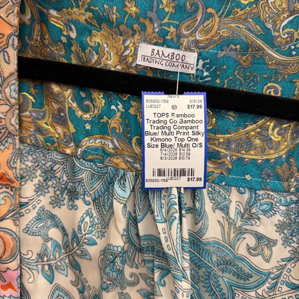 Bamboo Trading Compant Blue/ Multi Print Silky Kimono Top One Size