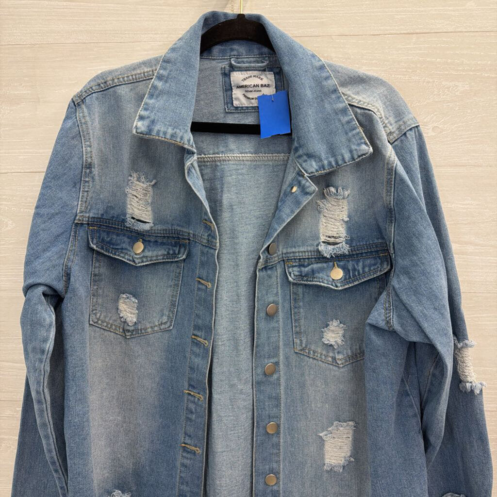 American Bazi Light Wash Distressed Denim Shacket Large