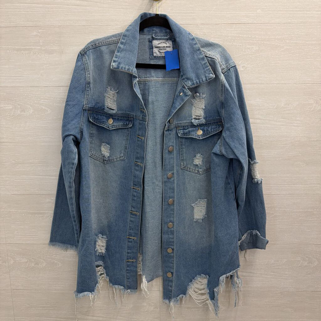 American Bazi Light Wash Distressed Denim Shacket Large