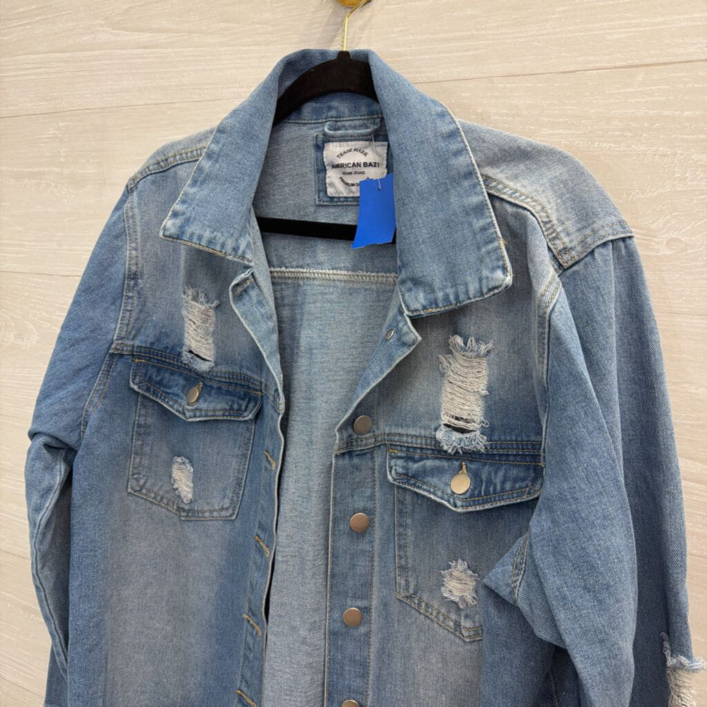 American Bazi Light Wash Distressed Denim Shacket Large