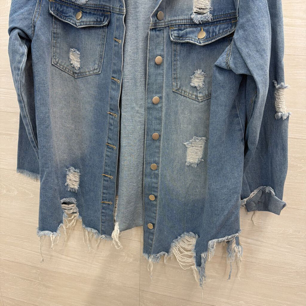 American Bazi Light Wash Distressed Denim Shacket Large