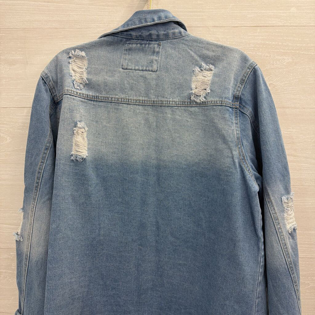 American Bazi Light Wash Distressed Denim Shacket Large