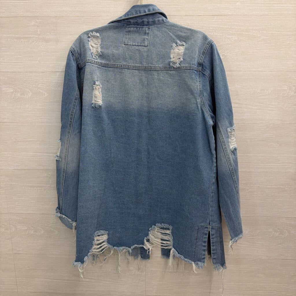 American Bazi Light Wash Distressed Denim Shacket Large