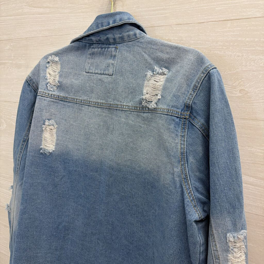 American Bazi Light Wash Distressed Denim Shacket Large