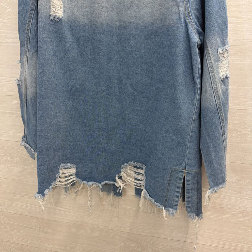 American Bazi Light Wash Distressed Denim Shacket Large