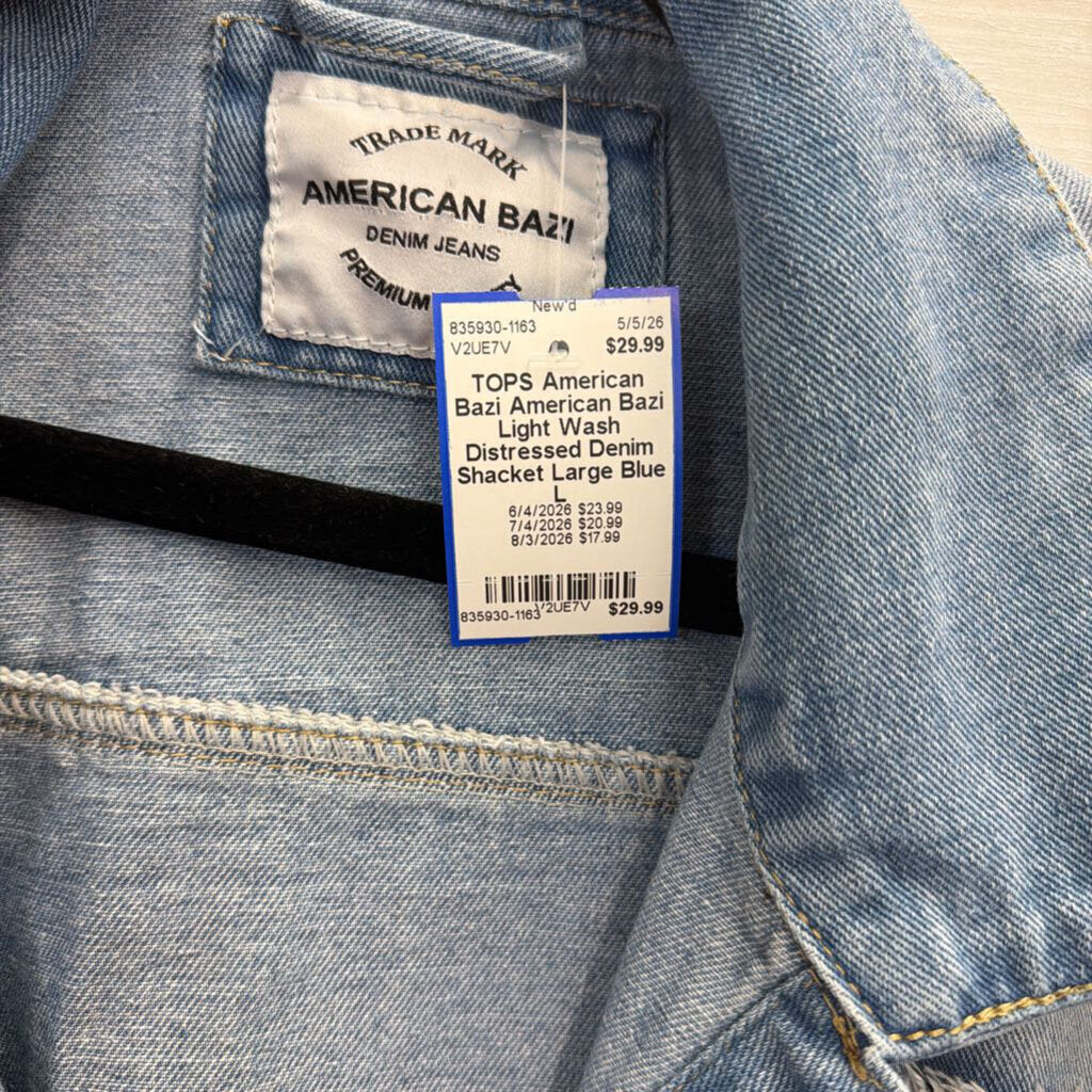American Bazi Light Wash Distressed Denim Shacket Large