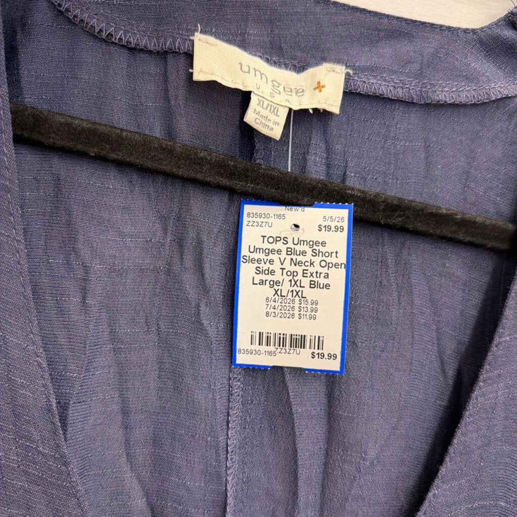 Umgee Blue Short Sleeve V Neck Open Side Top Extra Large/ 1XL