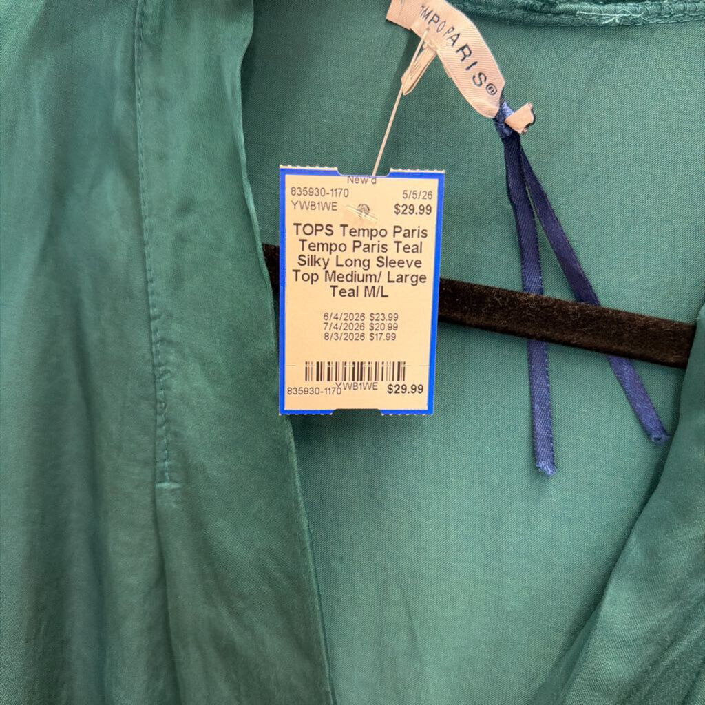 Tempo Paris Teal Silky Long Sleeve Top Medium/ Large