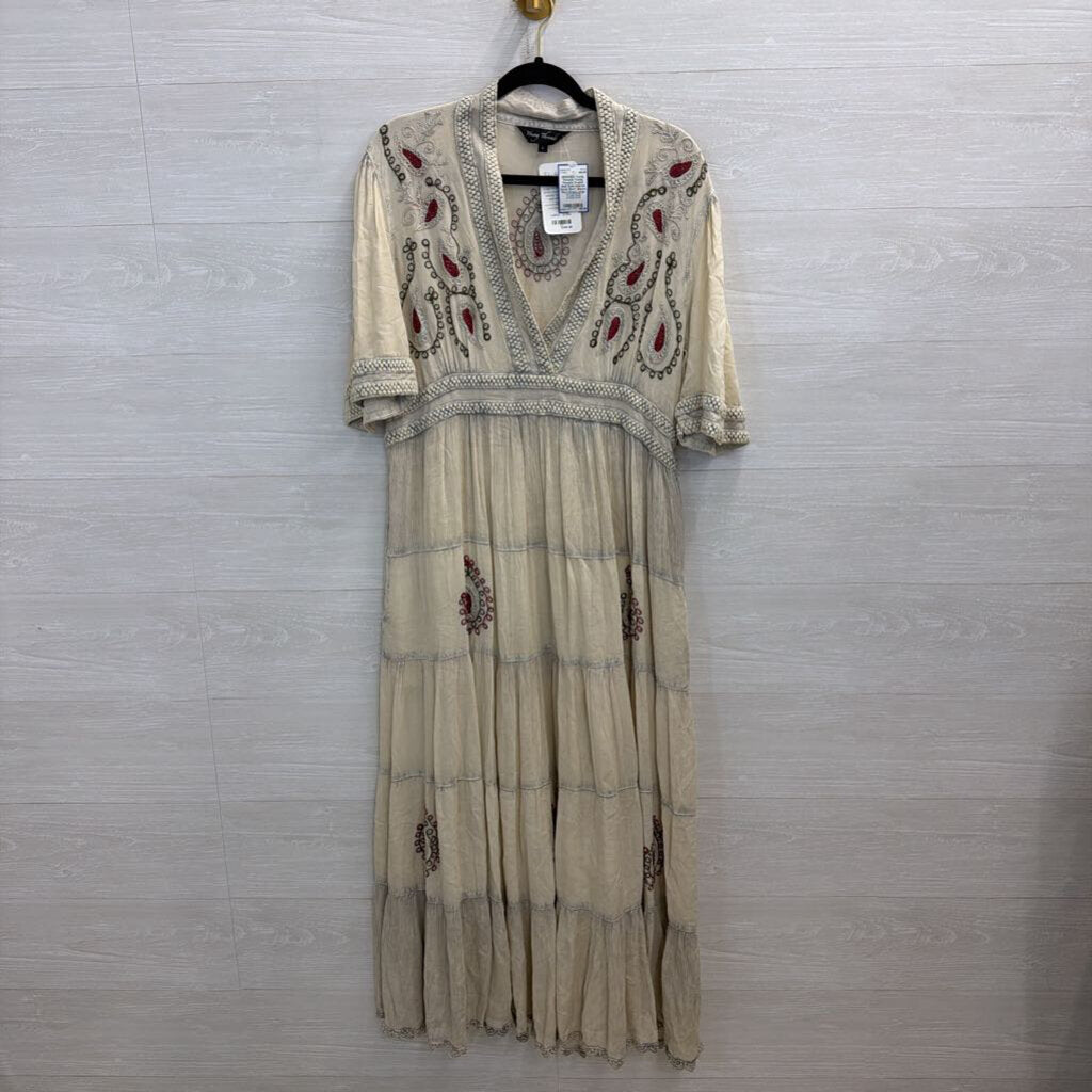 Young Threads Cream/ Multi Embroidered Detail Short Sleeve Maxi Dress Large