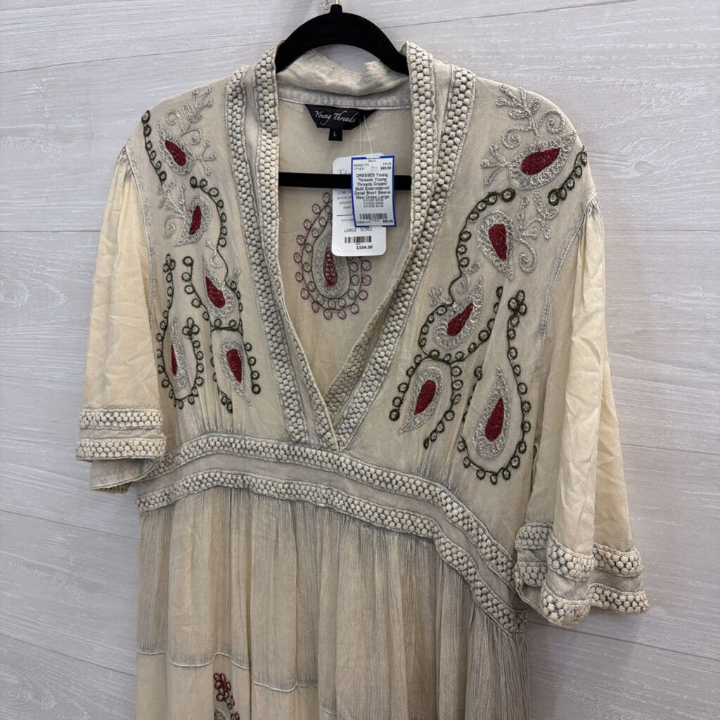Young Threads Cream/ Multi Embroidered Detail Short Sleeve Maxi Dress Large
