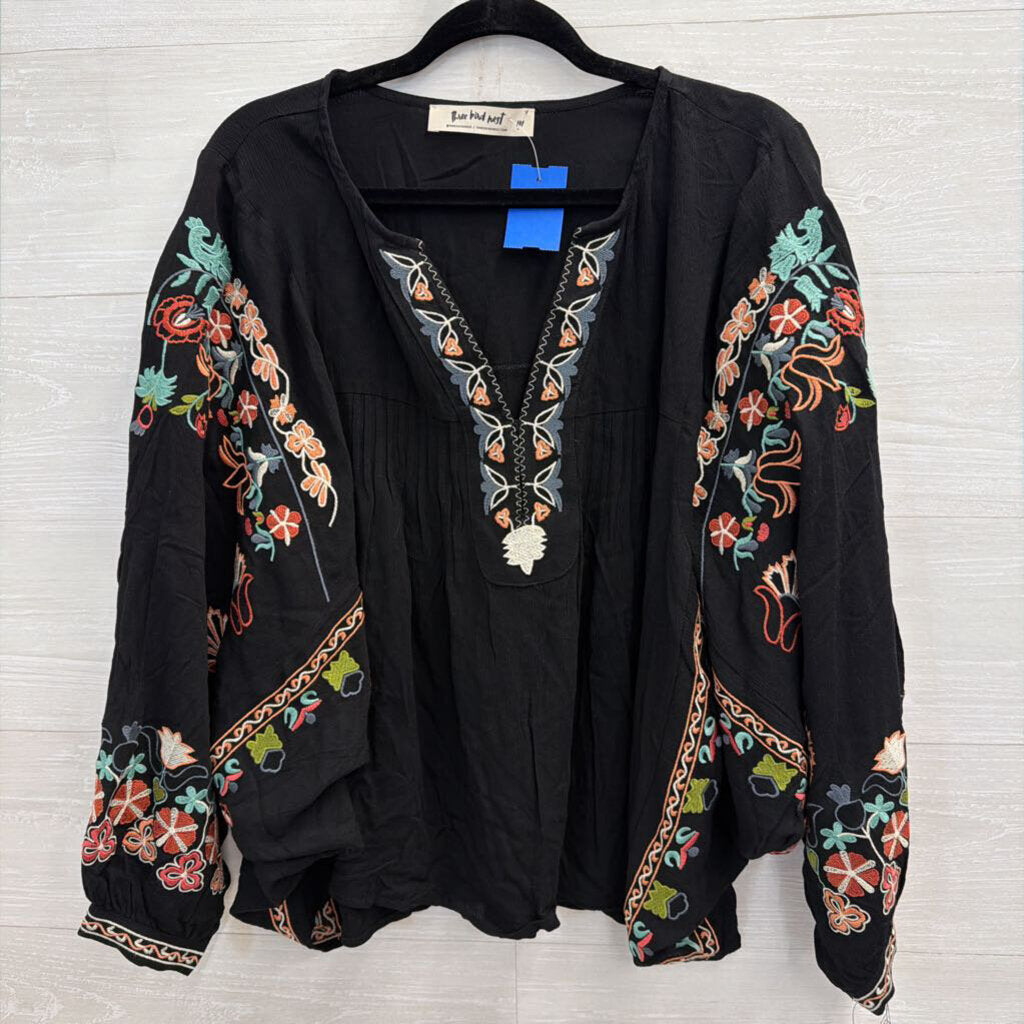 Three Bird Nest Black/ Multi Embroidered Long Sleeve Top Medium