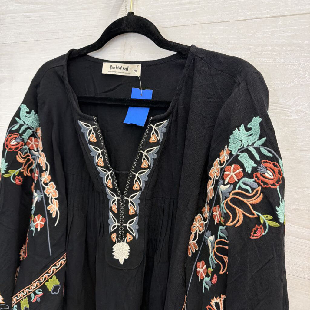 Three Bird Nest Black/ Multi Embroidered Long Sleeve Top Medium