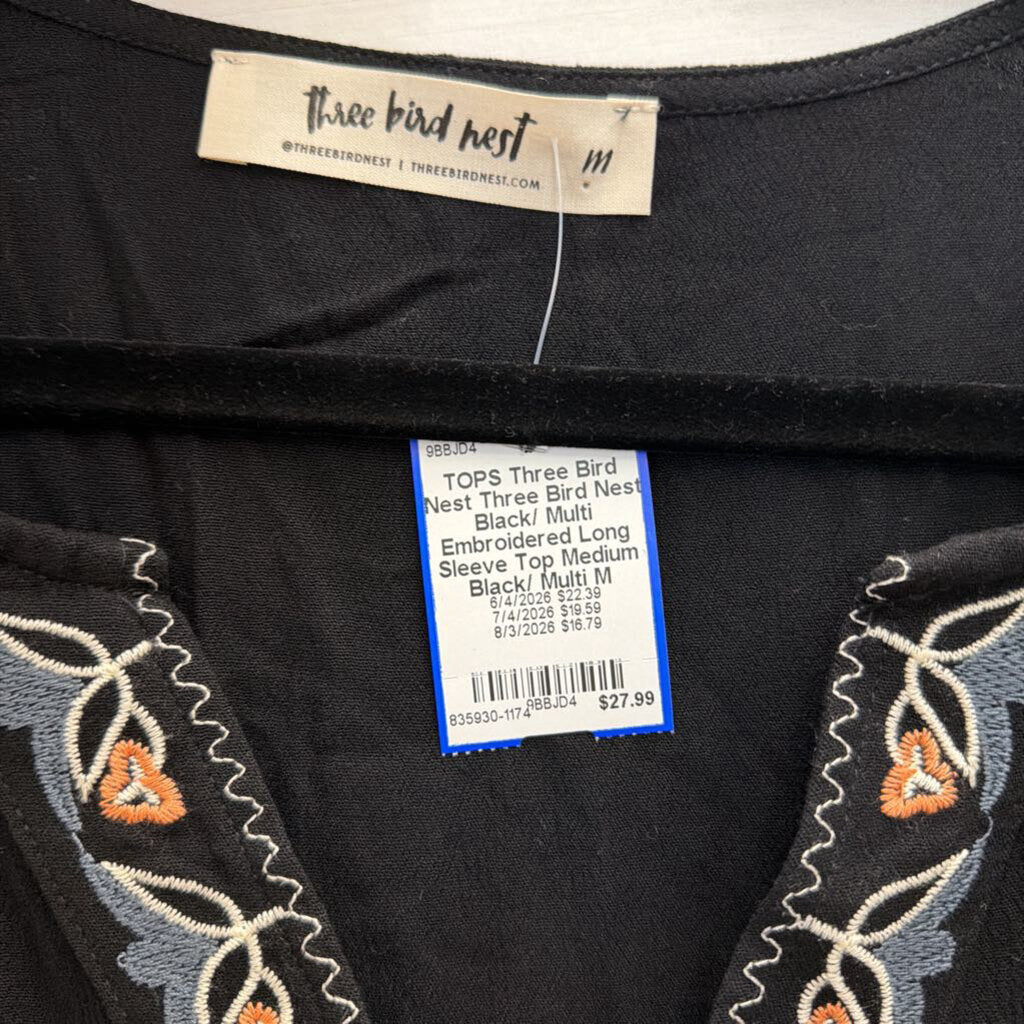 Three Bird Nest Black/ Multi Embroidered Long Sleeve Top Medium