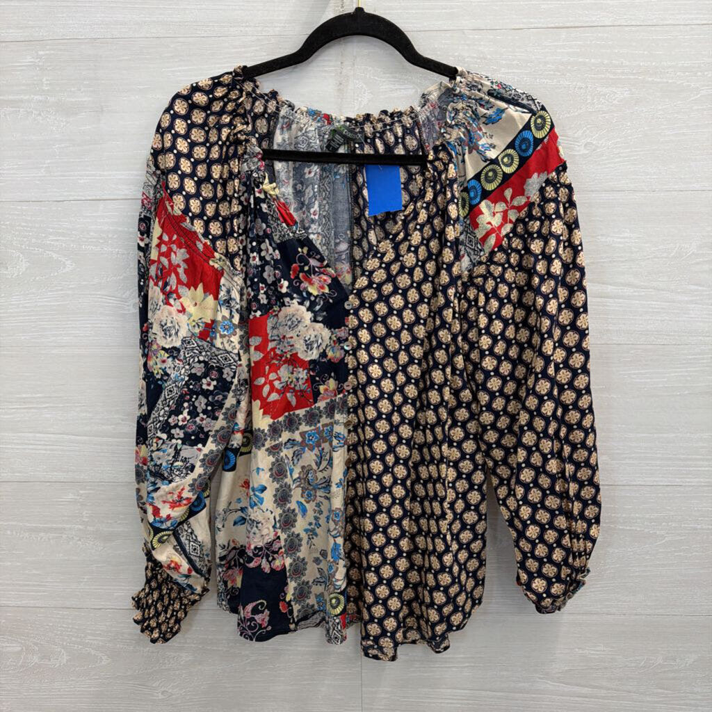 Shannon Passero Blue/ Multi Patchwork Print Long Sleeve Top Large