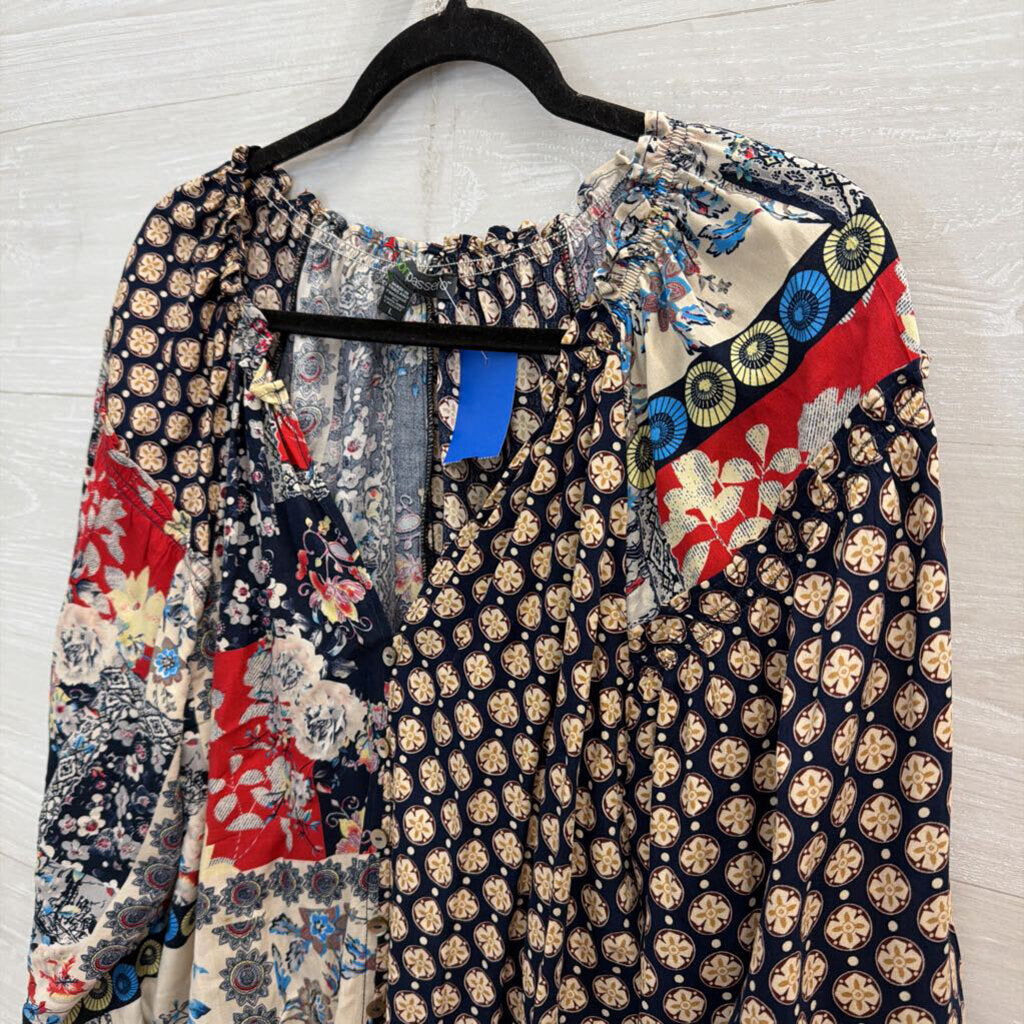 Shannon Passero Blue/ Multi Patchwork Print Long Sleeve Top Large