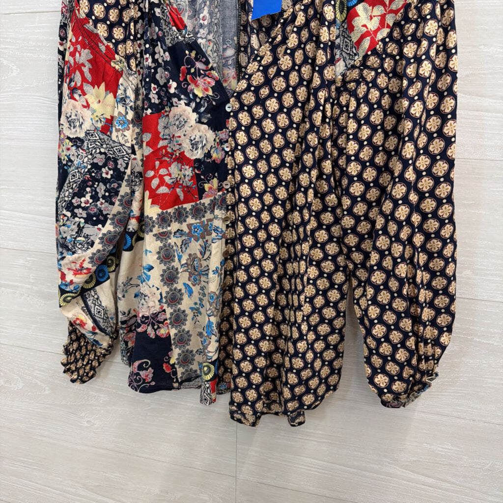Shannon Passero Blue/ Multi Patchwork Print Long Sleeve Top Large