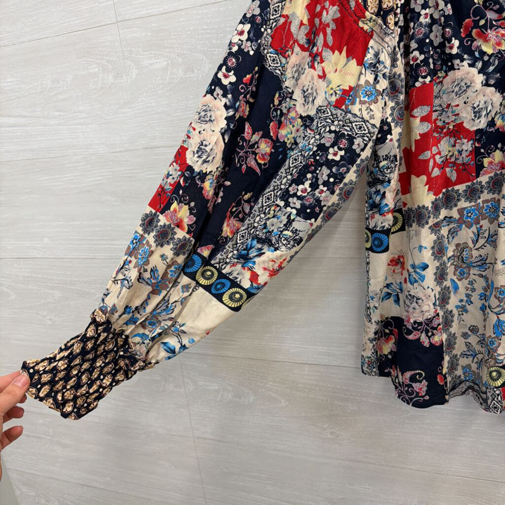 Shannon Passero Blue/ Multi Patchwork Print Long Sleeve Top Large