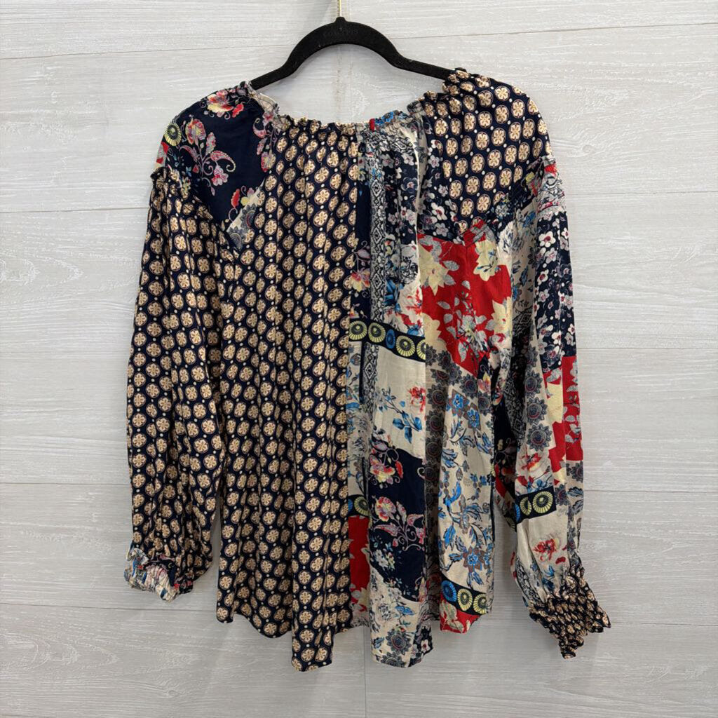 Shannon Passero Blue/ Multi Patchwork Print Long Sleeve Top Large