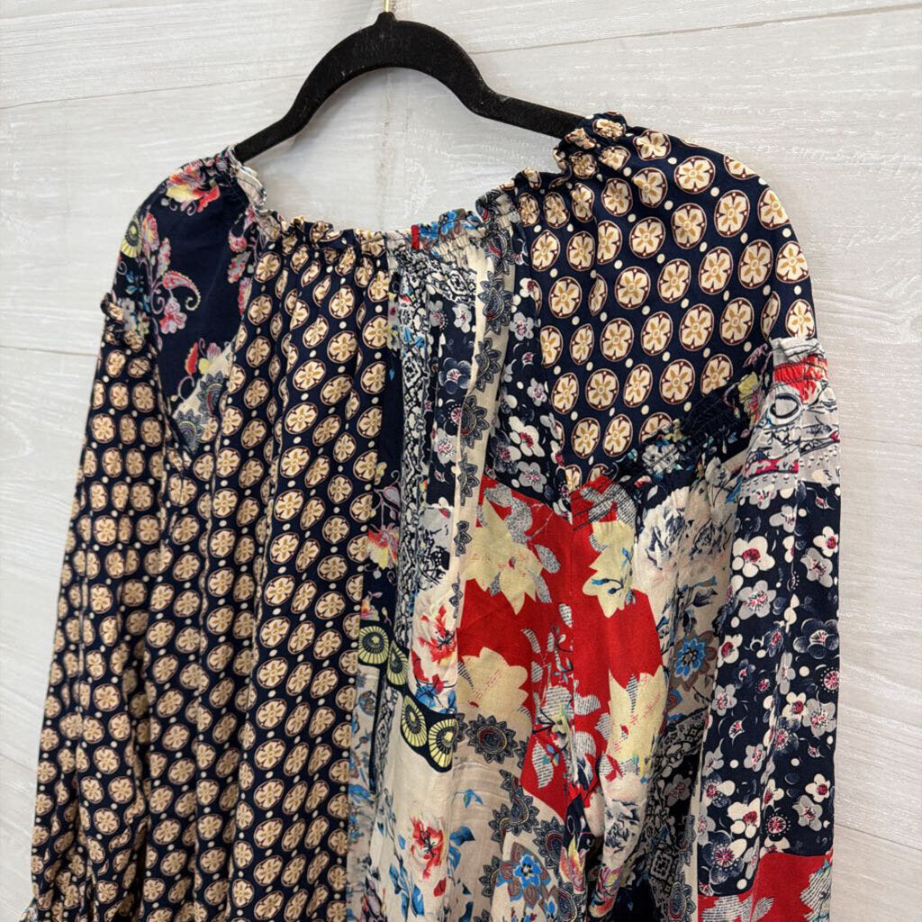 Shannon Passero Blue/ Multi Patchwork Print Long Sleeve Top Large