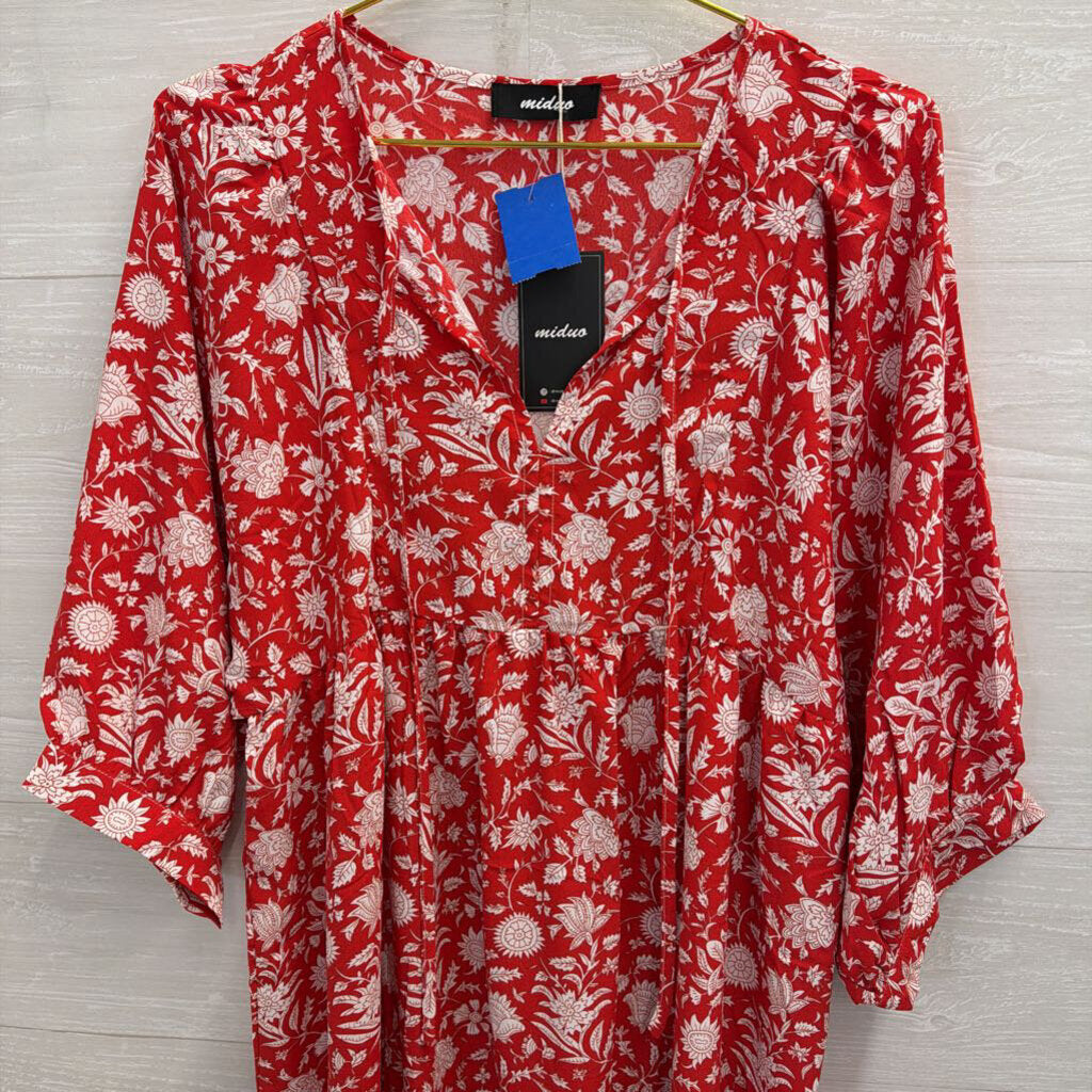 Miduo Red/ White Print Long Sleeve Dress Large