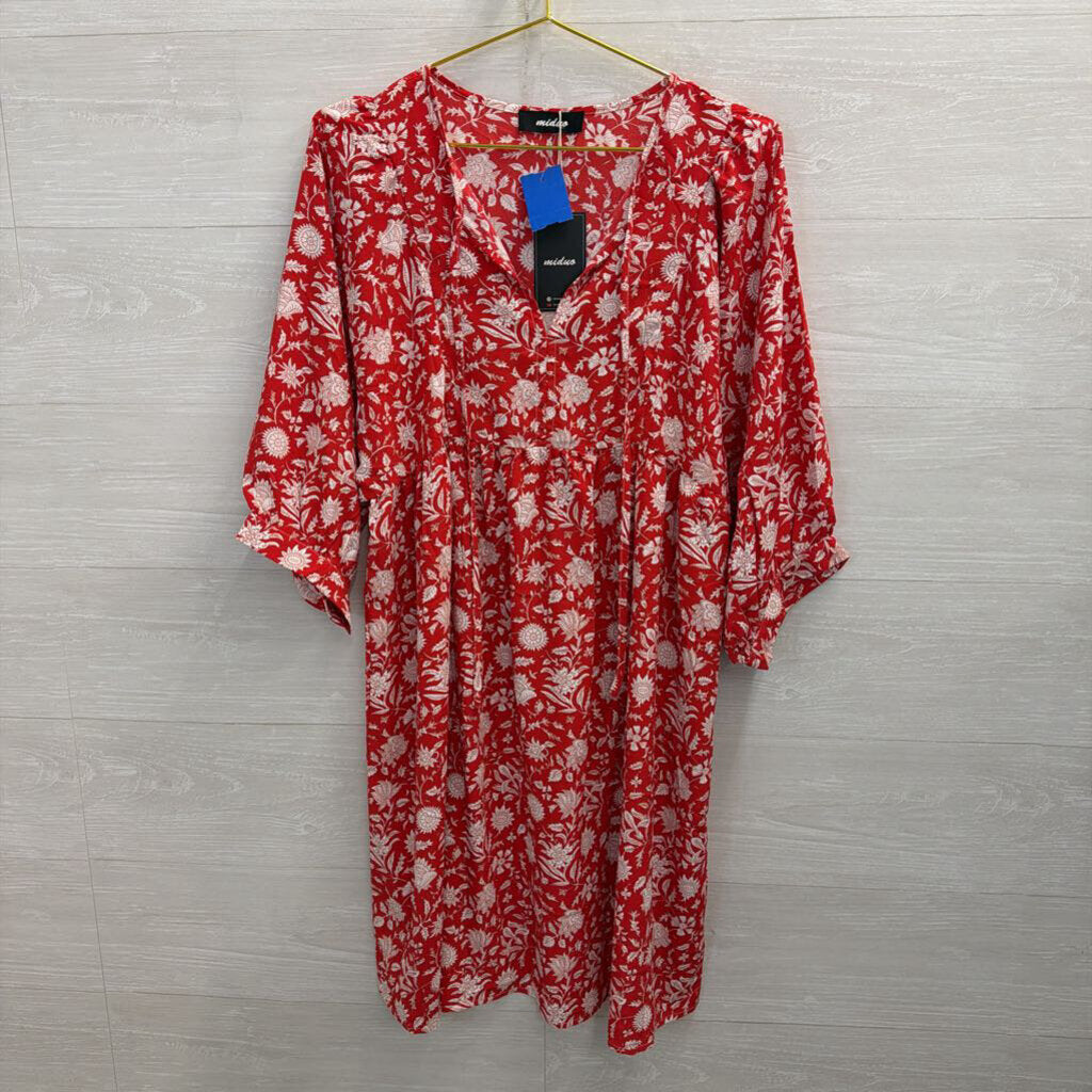 Miduo Red/ White Print Long Sleeve Dress Large