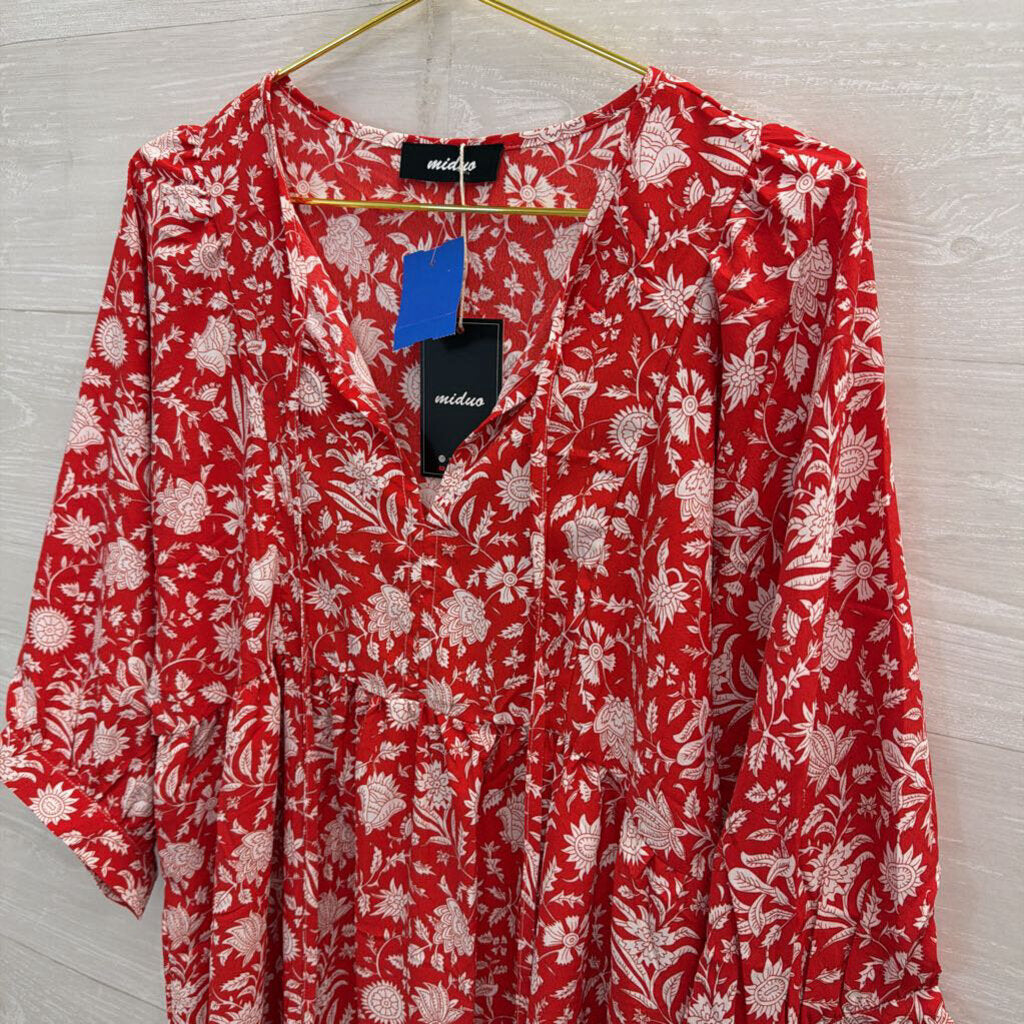 Miduo Red/ White Print Long Sleeve Dress Large