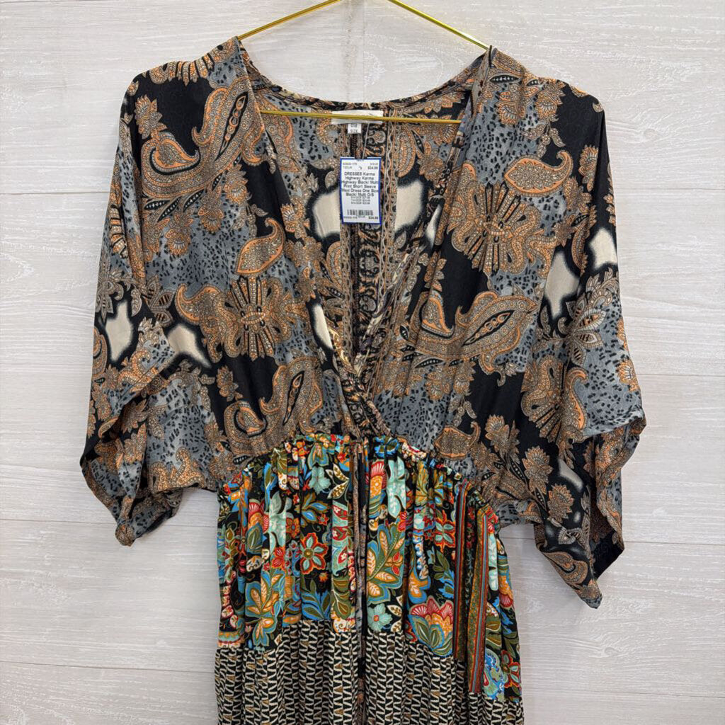 Karma Highway Black/ Multi Print Short Sleeve Maxi Dress One Size
