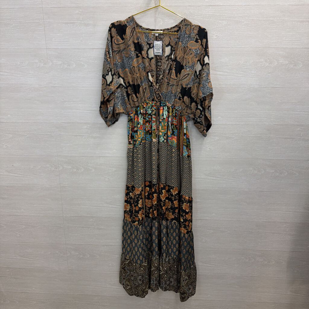 Karma Highway Black/ Multi Print Short Sleeve Maxi Dress One Size