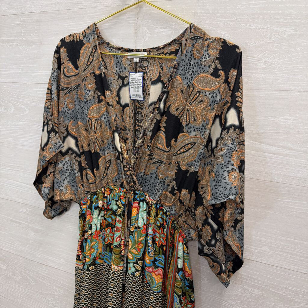 Karma Highway Black/ Multi Print Short Sleeve Maxi Dress One Size