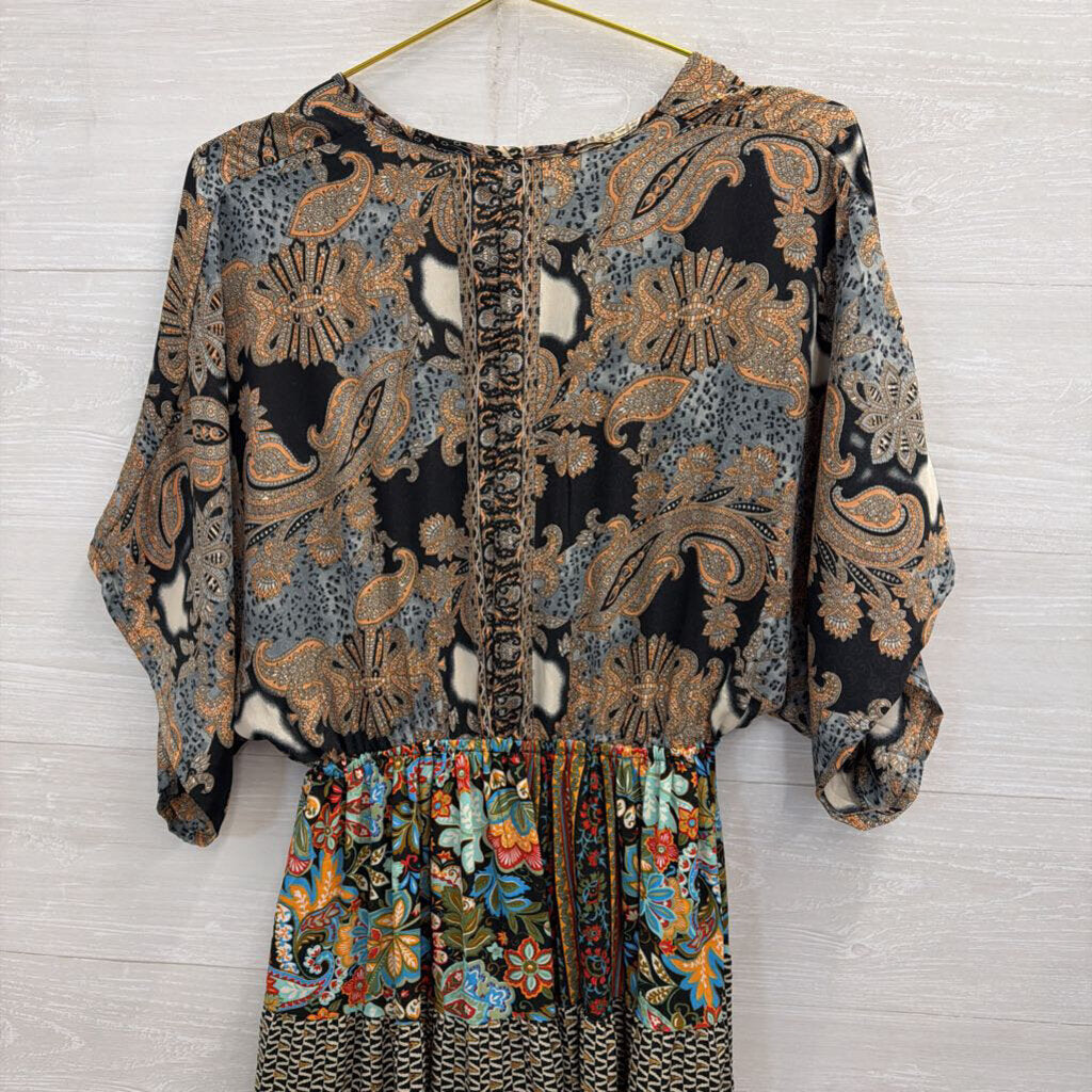 Karma Highway Black/ Multi Print Short Sleeve Maxi Dress One Size