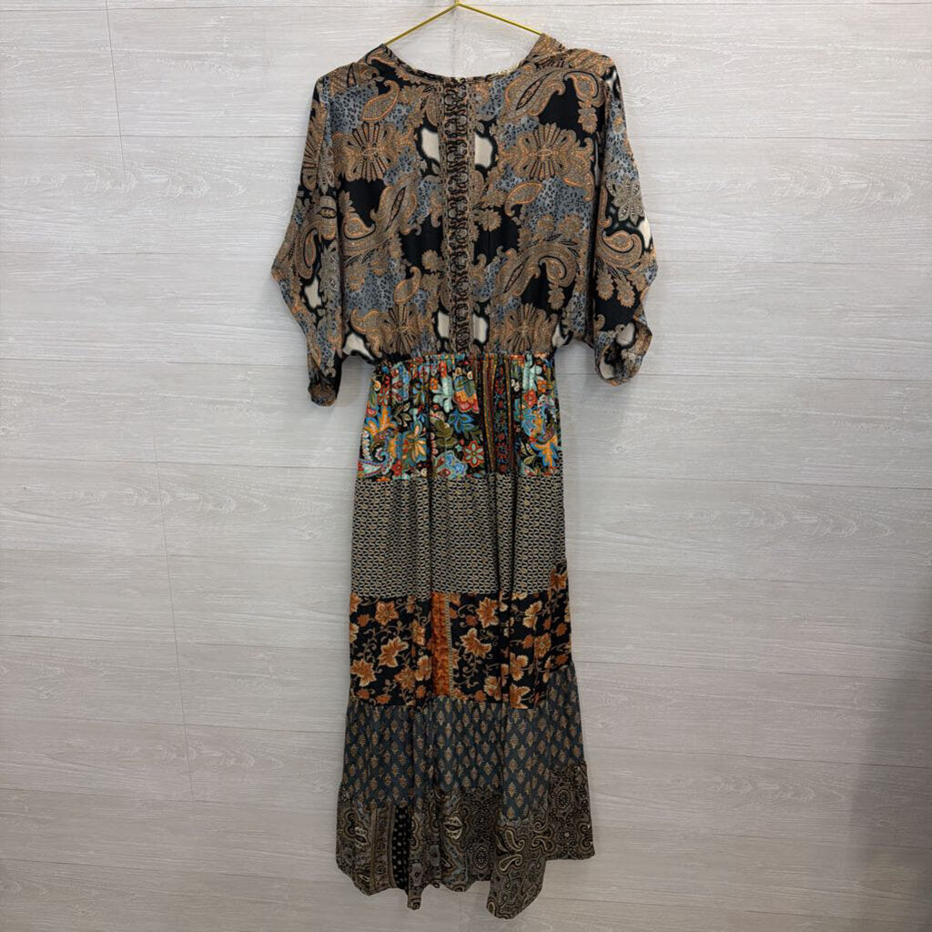 Karma Highway Black/ Multi Print Short Sleeve Maxi Dress One Size