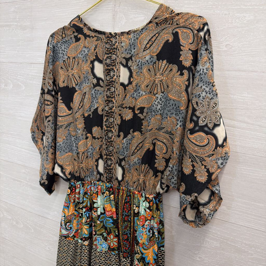 Karma Highway Black/ Multi Print Short Sleeve Maxi Dress One Size