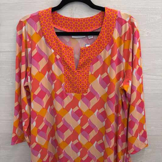 Susan Graver Pink/ Multi Print Long Sleeve Dress Large Petite