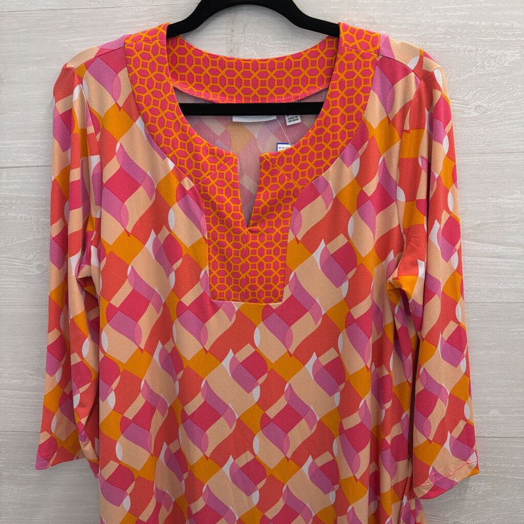 Susan Graver Pink/ Multi Print Long Sleeve Dress Large Petite