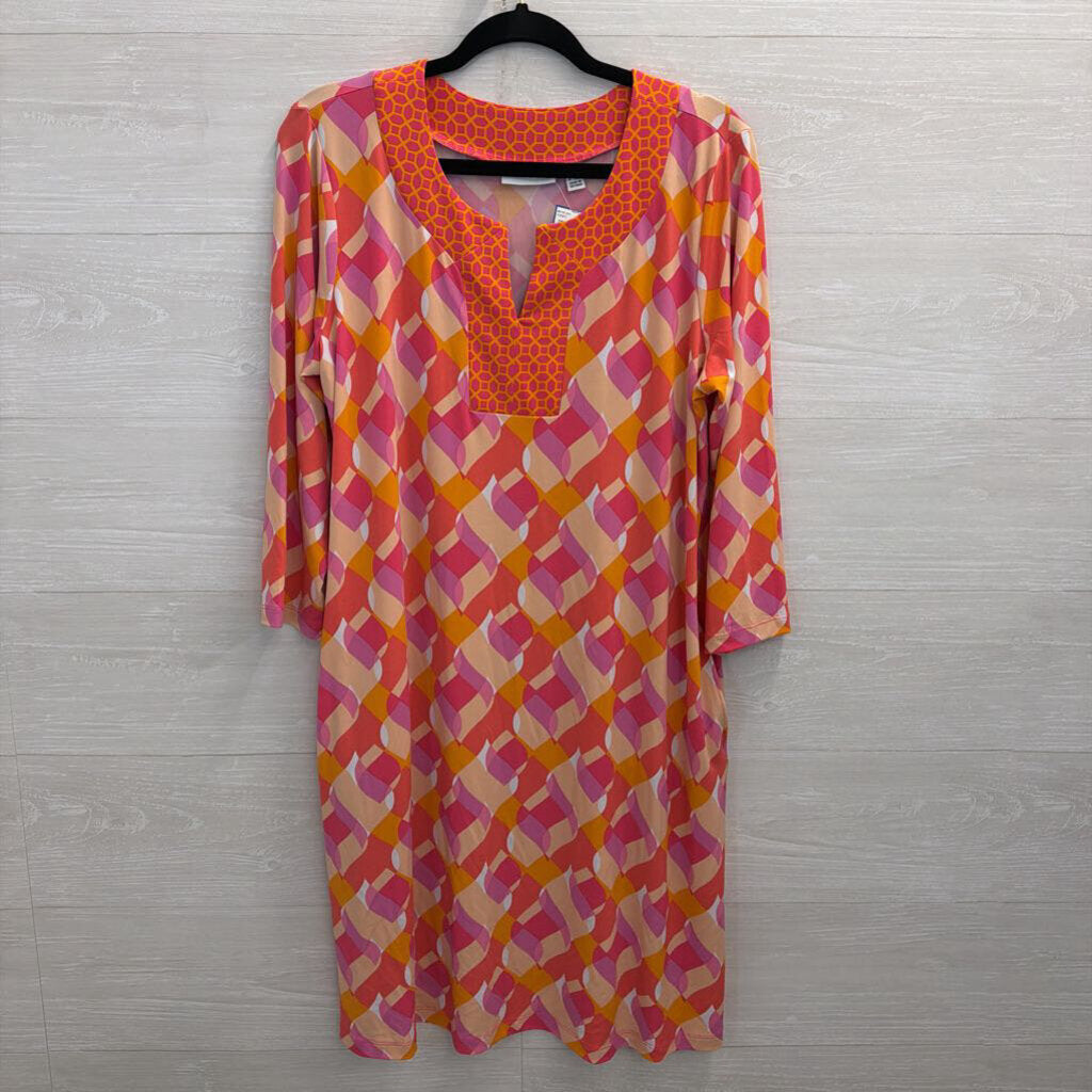 Susan Graver Pink/ Multi Print Long Sleeve Dress Large Petite